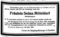 Das Vorarlberger Tagblatt vom 23.03.1938 informierte die Öffentlichkeit über den Tod von Selma Mitteldorf. (Quelle: ANNO – Österreichische Nationalbibliothek)